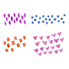 Watercolor hand painted decorative textured spots, hearts, dots. Bright modern style abstract collection. Real trendy paint texture streak and paint brush strokes isolated on white background.