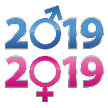 carte de vœux 2019, avec les symboles de genre de l’homme et de la femme et la lutte pour l’égalité.
