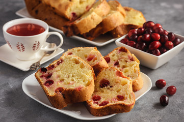 Homemade cranberry loaf cake and cup of tea.