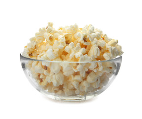 Bowl with delicious fresh popcorn on white background