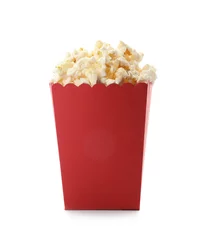 Rolgordijnen Red bucket with delicious popcorn on white background © New Africa