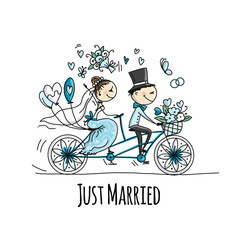 Wedding card design. Bride and groom riding on bicycle