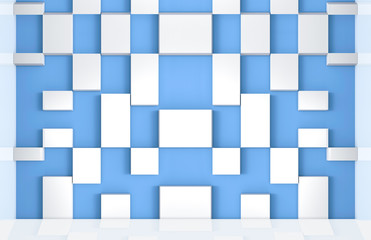 3d rendering. modern light blue wall and white random cube size shape pattern background.