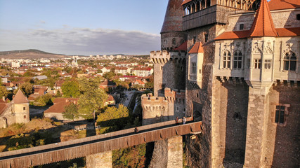 Aerial view of medieval Corvin Castle or Corvinilor or Hunyad Castle in Hunedoara, town in...