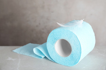 Toilet paper roll with feather on grey background