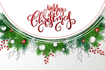 Vector illustration of greeting banner template with hand lettering label - merry Christmas - with realistic fir-tree branches, bauble, snowflakes, and decorative bead branches