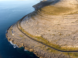 Aerial birds eye view of the burren national park. scenic tourism landscape for Unesco World Heritage site and global geopark geotourism along the wild atlantic way.