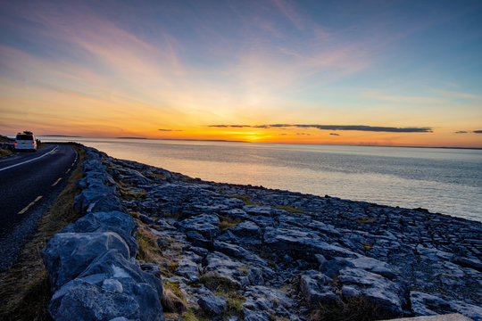 Aerial Birds Eye View Of The Burren National Park. Scenic Tourism Landscape For Unesco World Heritage Site And Global Geopark Geotourism Along The Wild Atlantic Way.