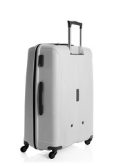 Modern suitcase for travelling on white background