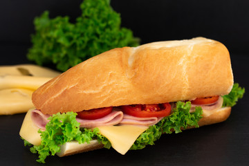 Big sandwich with meat and cheese on dark background
