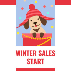 Winter sale banner with cute puppy in funny hat