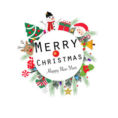 ''Merry Christmas and happy new year'' text wreath round frame. Happy new year greeting colorful light bulb, snow man