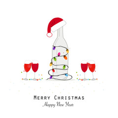  Christmas champagne bottle with colorful light bulb and santa claus hat
