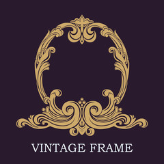 Golden decorative frame. Elegant lines of calligraphic ornament. Heraldic symbols. The original monogram. Vector business sign, identity for hotel, restaurant, heraldic, boutique, jewelry.