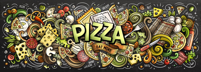 Cartoon cute doodles Pizza word