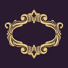 Gold decorative frame. Interwoven vintage ornament. Flowers and leaves. A rich pattern. Luxurious template for monogram, background of initials, design of books, invitations, postcards, booklets.