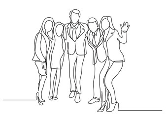 continuous line drawing of happy business team standing