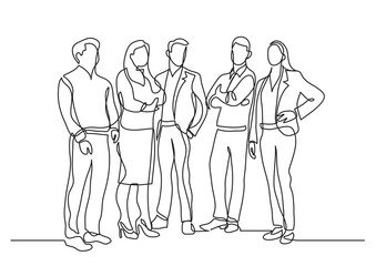 continuous line drawing of standing team of professionals