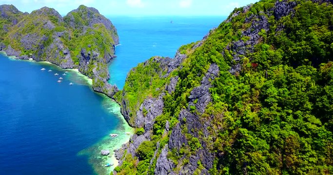 Overhead View Of Rock Bridge Connecting Two Tropical Islands In Pacific Ocean - El Nido, Palawan, Phillipines