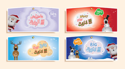 Set of Christmas and New Year cartoon sale tags with Santa Claus,snowman and reindeer.Collection of 4 printable holiday label.