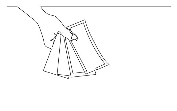 continuous line drawing of hand giving money banknotes