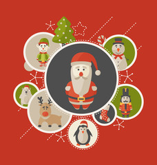 Christmas Greeting Card Design - Seasonal Characters - Santa Claus, Snowman, Nutcracker Figure, Reindeer, Elf, Penguin, Polar Bear and other holiday themed elements
