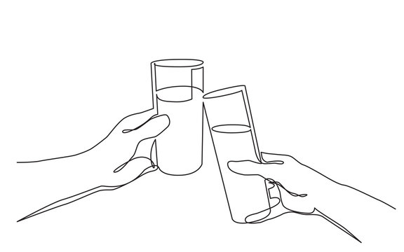 continuous line drawing of hand holding drinks toasting together