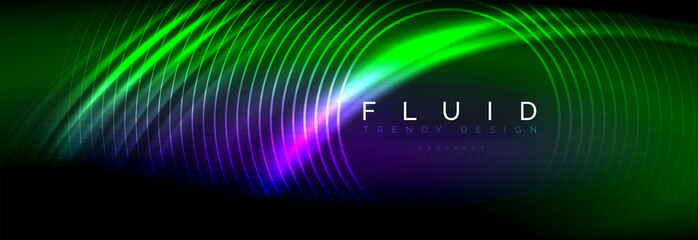Neon glowing fluid wave lines, magic energy space light concept, abstract background wallpaper design