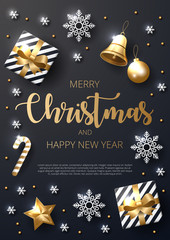 Naklejka premium Merry Christmas background with shining gold and white ornaments. Made of snowflakes, gift, candy, bells, star, christmas ball. Vector illustration 