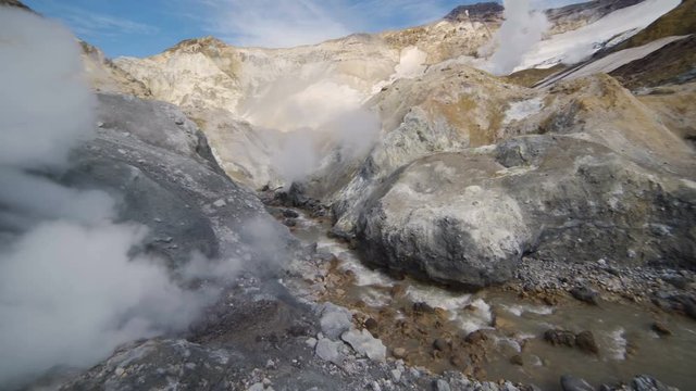 Volcanic activity on Kamchatka: thermal, fumarole field in crater of active Mutnovsky Volcano. Eurasia, Russian Far East, Kamchatka Peninsula.