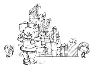 Tapeten kerstman maakt grote stapel cadeaus © emieldelange