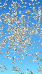 Flying dollars banknotes against the sky background. Money is flying in the air. 100 US banknotes new sample. 3D illustration