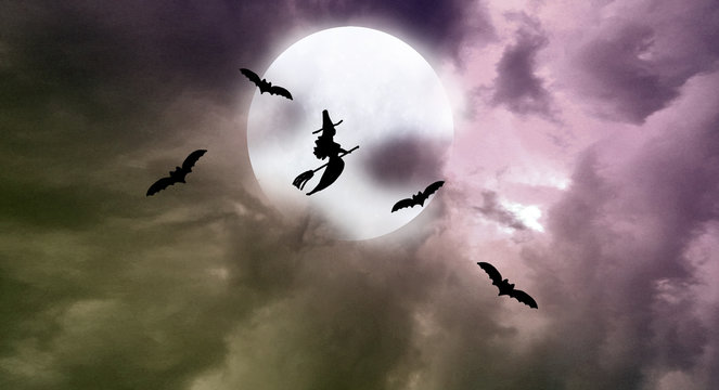 Halloween Moon, bats  and witch