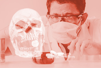 Double exposure skull and Laboratory glassware or test tube . science concept.
