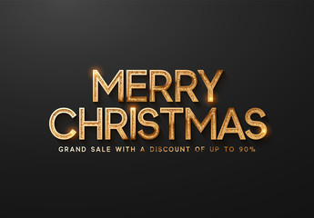 Merry Christmas on black background text golden with bright sparkles