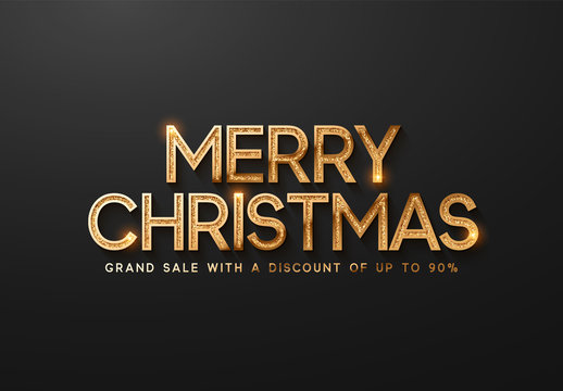 Merry Christmas on black background text golden with bright sparkles