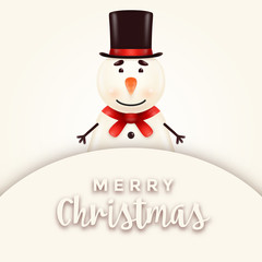 Cheerful, cute, smiling snowman illustration standing behind a signboard with replaceable text