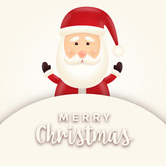 Cheerful, cute, smiling Santa Claus illustration waving and standing behind a signboard with replaceable text