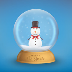 Snowman character illustration in a realistic snow globe on a light blue background