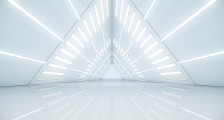 Abstract Triangle Spaceship corridor. Futuristic tunnel with light. Future interior background, business, sci-fi science concept. 3d rendering