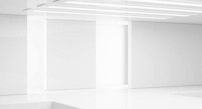 Empty white interior. Fashion podium. Catwalk runway stage. Elegance pedestal platform. 3D Rendering