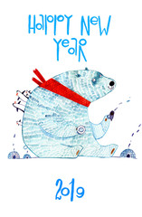 watercolor bear, new year cartoon illustration isolated on white background