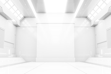 Futuristic tunnel with light. White Spaceship corridor interior view.Future background, business, sci-fi or science concept. 3D Rendering.