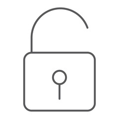 Unlock thin line icon, security and padlock, lock sign, vector graphics, a linear pattern on a white background.