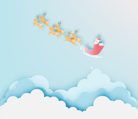 Santa claus on the sleigh with beautiful sky in paper art and pastel schenme