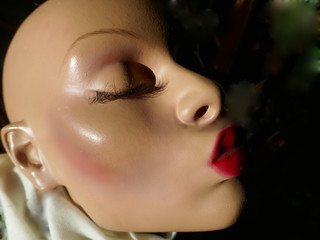 Kopf einer weiblichen Schaufensterpuppe mit rotem, sexy Kussmund und hohen Wangenknochen
