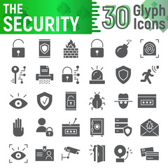 Security glyph icon set, protection symbols collection, vector sketches, logo illustrations, defense signs solid pictograms package isolated on white background.
