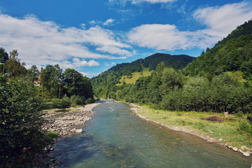 Fototapeta na wymiar River deep in mountain forest.