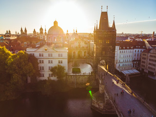 aerial view on sunrise of charles bridge in prague