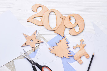 Cut out wooden digit 2019, Christmas ornaments. Handmade wooden decorations deer, Christmas tree,...